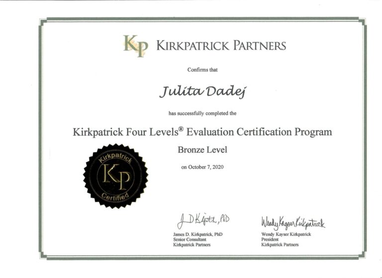 Certyfikat Kirkpatrick Four Levels® Evaluation Certification Program, Bronze Level – Julita Dadej