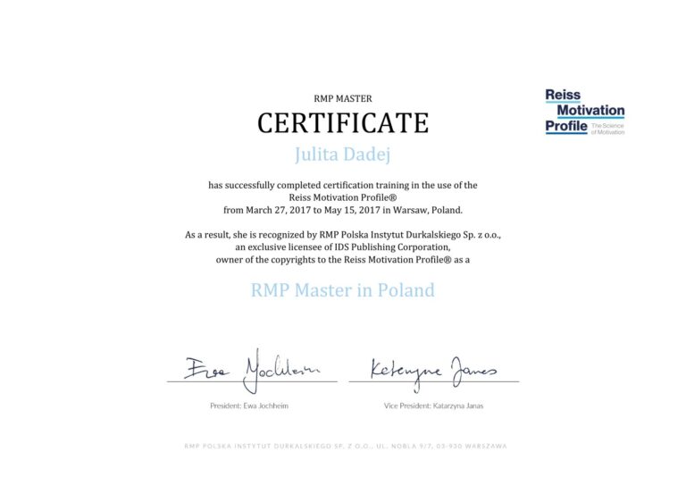 Certyfikat RMP Master, Reiss Motivation Profile® – Julita Dadej
