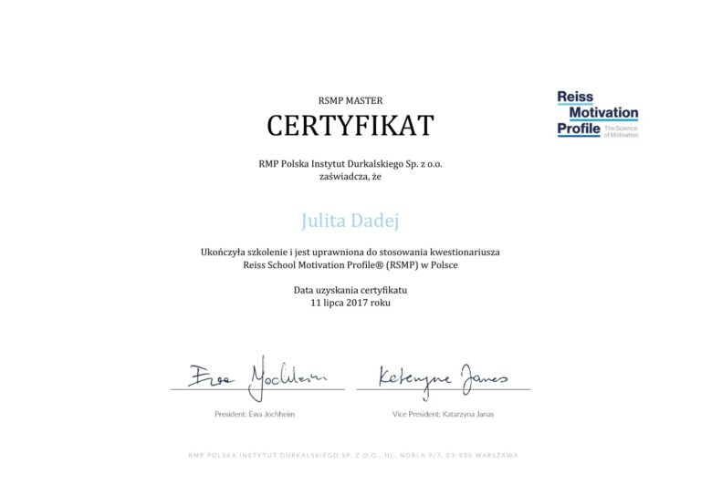 Certyfikat RSMP Master, Reiss School Motivation Profile® – Julita Dadej