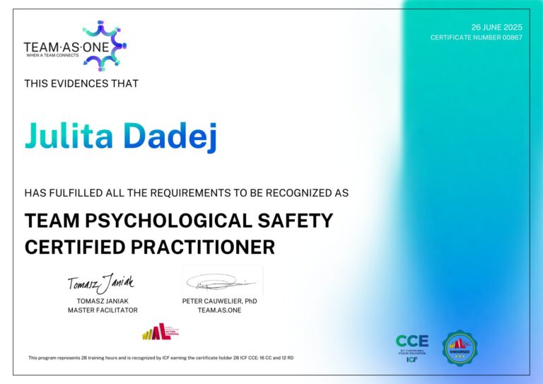 Certyfikat Team Psychological Safety™ Certified Practitioner – Julita Dadej